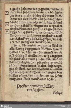 Probier gewicht zu Ertz und schyfern