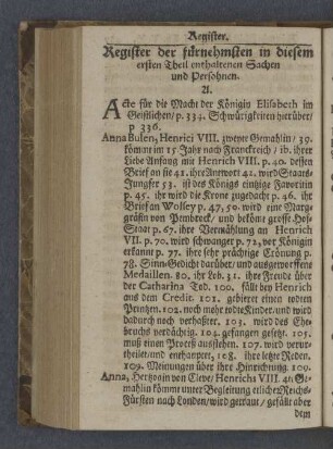 Register der fürnehmsten in diesem ersten Theil enthaltenen Sachen und Persohnen.