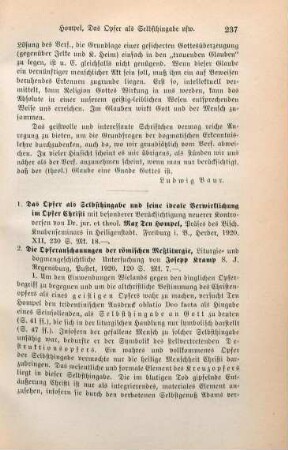 237-240 [Rezension] Ten Hompel, Max, Das Opfer als Selbsthingabe und seine ideale Verwirklichung im Opfer Christi