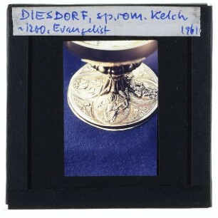 unbekannt, spätromanischer Kelch aus Diesdorf : Detail: Fuß mit Evangelistendarstellungen