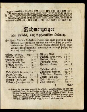 Nahmenzeiger aller Artickel, nach Alphabetischer Ordnung