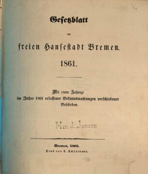 Gesetzblatt der Freien Hansestadt Bremen, 1861. - 1862