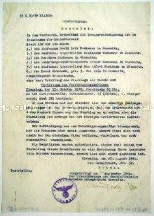 Urteil des Amtsgerichtes Chemnitz über eine Zwangsversteigerung jüdischen Eigentums (maschinenschriftlicher Durchschlag)