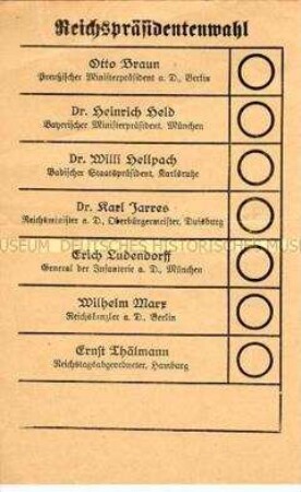 Stimmzettel für die Reichspräsidentenwahl 1925 (1. Wahlgang)