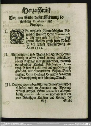 Verzeichnüß, Der am Ende dieser Ordnung befindlicher Privilegien und Beylagen