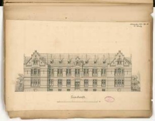 Kreiskrankenhaus, Insterburg Monatskonkurrenz November 1885: Aufriss Straßenansicht; Maßstabsleiste