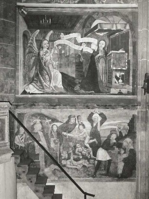 Maria Verkündigung und bethlehemischer Kindermord : Maria Verkündigung und bethlehemischer Kindermord. Fresko (1488; Simon von Taisten). Obermauern, Pfarrkirche
