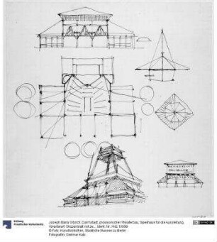 Darmstadt, provisorischer Theaterbau, Spielhaus für die Ausstellung, Vorentwurf, Skizzenblatt mit zwei Aufrissen, Grundriss, Perspektive und einigen Details