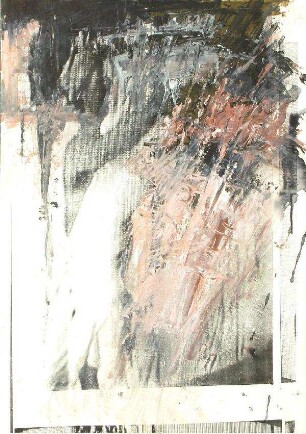 Malerei in grau-schwarz-blassrosa auf gedrucktem Papier II