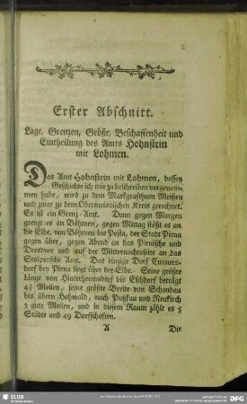 Erster Abschnitt. Lage, Grenzen, Größe, Beschaffenheit und Eintheilung des Amts Hohnstein mit Lohmen