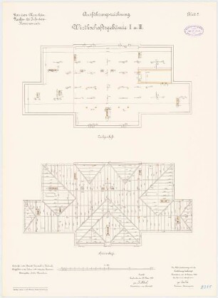 Garnison des Infanterie-Kasernements, Mannheim Wirtschaftsgebäude I und II: Grundriss Dachgeschoss, Sparrenlage 1:100