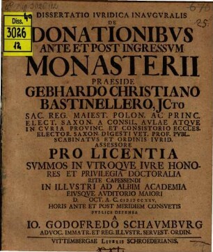 Diss. iur. inaug. de donationibus ante et post ingressum monasterii