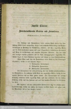 Zweite Classe. Petrefactenführende Gesteine und Formationen : (Sedimentäre Formationen)