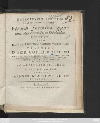 Exercitatio Ivridica Qvaestionem Continens Vtrum foemina quae intercessionem promisit, ad fideiubendum valide adigi queat