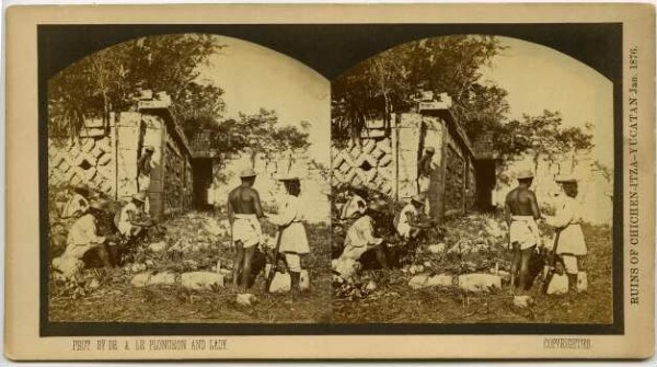 Presumably upper floor of Las Monjas. Madame Le Plongeon with workers in the foreground.