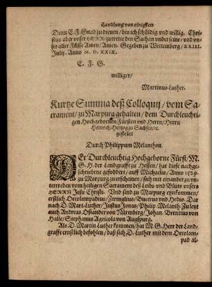 Kurtze Summa deß Colloquii/ vom Sacrament/ zu Marpurg gehalten/ ...