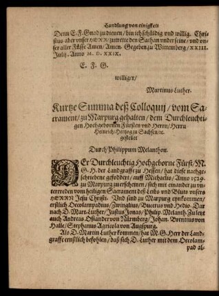 Kurtze Summa deß Colloquii/ vom Sacrament/ zu Marpurg gehalten/ ...