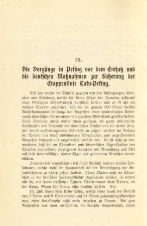 IX. Die Vorgänge in Peking vor dem Entsatz und die deutschen Maßnahmen zur Sicherung der Etappenlinie Taku-Peking