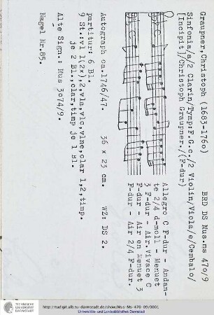 Sinfonia / a / 2 Clarin / Tymp: F. G. c. / 2 Violin / Viola / e / Cembalo / [Incipit] / Christoph Graupner.