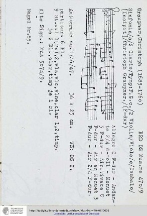 Sinfonia / a / 2 Clarin / Tymp: F. G. c. / 2 Violin / Viola / e / Cembalo / [Incipit] / Christoph Graupner.