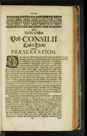Deß Medicinischen Pest-Consilii Erster Theil/ von der Praeservation.