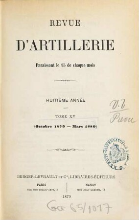 Revue d'artillerie. 15. 1879/80 = Année 8