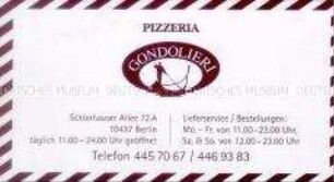 Visitenkarte des Restaurants "Pizzeria Gondolieri"