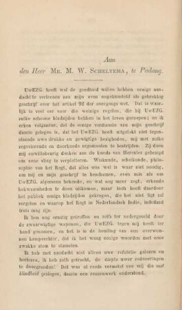 Aan den Heer Mr. M. W. Scheltema, te Padang