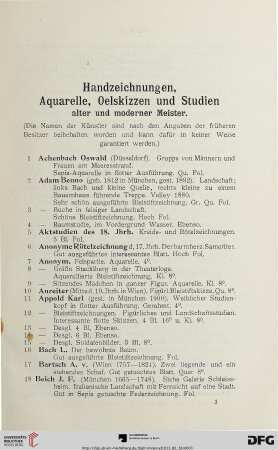 Handzeichnungen, Aquarelle, Oelskizzen und Studien alter und moderner Meister (Nr. 1-238)