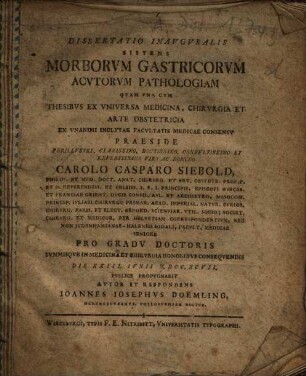 Dissertatio Inauguralis Sistens Morborum Gastricorum Acutorum Pathologiam