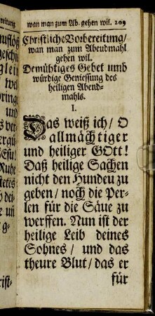 Christliche Vorbereitung/ wan man zum Abendmahl gehen wil