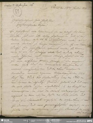 Eigenh. Brief von Christian Lassen an August Wilhelm von Schlegel, Paris, 13.01.1826