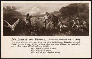 Die Legende von Doberan : Gemälde "Die Legende von Doberan" von Ludwig Bang im Freien fotografiert, vor einer Fachwerkwand