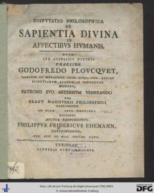 Dispvtatio Philosophica De Sapientia Divina In Affectibvs Hvmanis