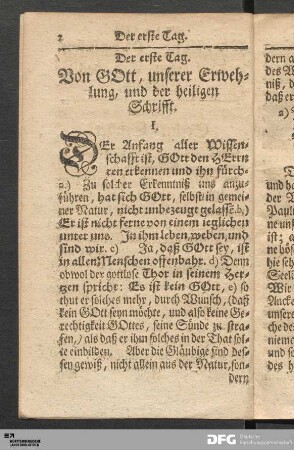 Der erste Tag. Von GOtt, unserer Erwehlung, und der heiligen Schrifft.