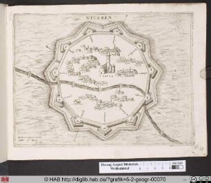Landkarte mit Stadtansicht von Niccosia/Nicosia/Lefkosa.
