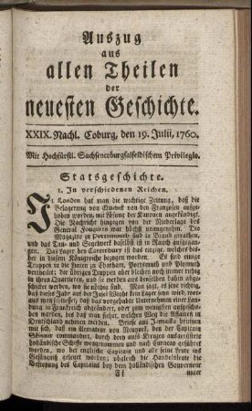 XXIX. Nachl. Coburg, den 19. Julii. 1760.