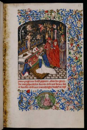 Vollbordürenseite mit Miniatur (Gregorsmesse) und bewohnter Streumusterbordüre