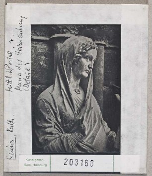 Reims: Kathedrale, mittleres Westportal, Heimsuchung, Detail: Maria