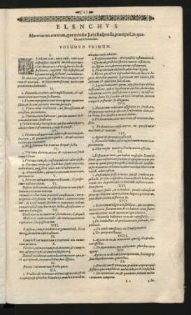 Elenchus Materiarum omnium, quae in hisce Iuris Respondis praecipue, in quaestionem venerunt. Volumen Primum