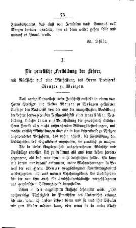 Die practische Fortbildung der Lehrer, mit Rücksicht auf eine Mittheilung des Herrn Predigers Menzer zu Wriezen
