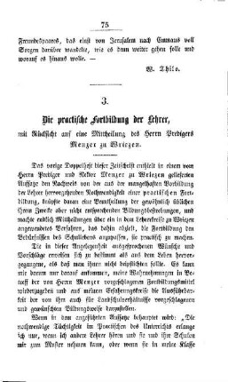 Die practische Fortbildung der Lehrer, mit Rücksicht auf eine Mittheilung des Herrn Predigers Menzer zu Wriezen