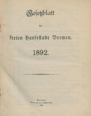 1892: Gesetzblatt der Freien Hansestadt Bremen