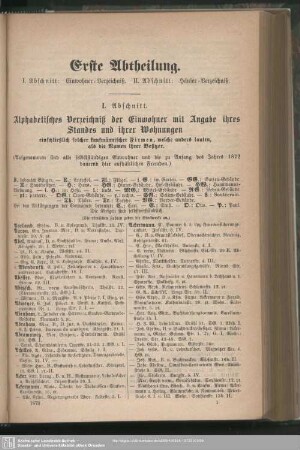 I. Abschnitt. Einwohnerverzeichnis : I. Abschnitt. Alphabetisches Verzeichniß der Einwohner mit Angabe ihres Standes und ihrer Wohnungen
