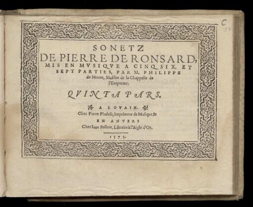Philippe de Monte: Sonetz de Pierre de Ronsard... Quinta Pars
