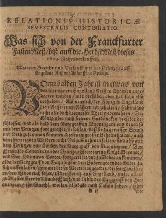 Weiterer Bericht und Verlauff mit des Printzen auß Engelland Reiß und Ankunfft in Spanien.