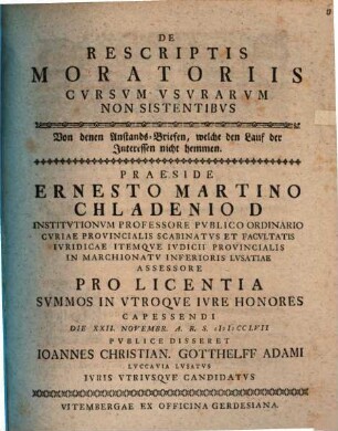 De rescriptis moratoriis cursum usurarum non sistentibus, Von denen Anstands-Briefen, welche den Lauf der Interessen nicht hemmen