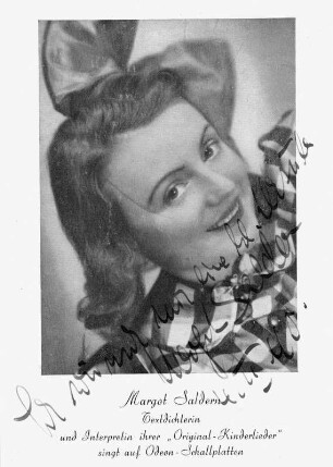 Porträt Margot Saldern. Postkartendruck nach Fotografie (mit Autograph, datiert 04.02.1940)