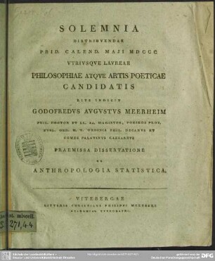 Solemnia Distribuendae Prid. Calend. Maii MDCCC Utriusque Laureae Philosophiae Atque Artis Poeticae Candidatis