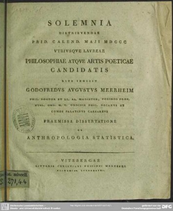 Solemnia Distribuendae Prid. Calend. Maii MDCCC Utriusque Laureae Philosophiae Atque Artis Poeticae Candidatis